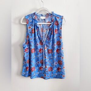 MELLODAY Blue Floral Print Ruffle Neckline Sleeveless Top